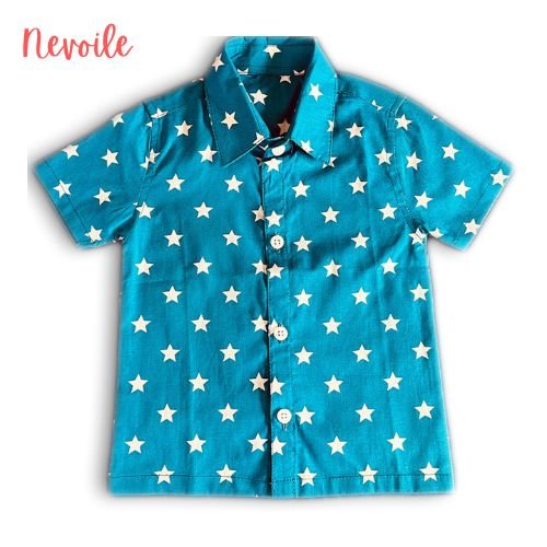 Kids Boys Cotton Shirt – Blue with White Star Design | Code 12102