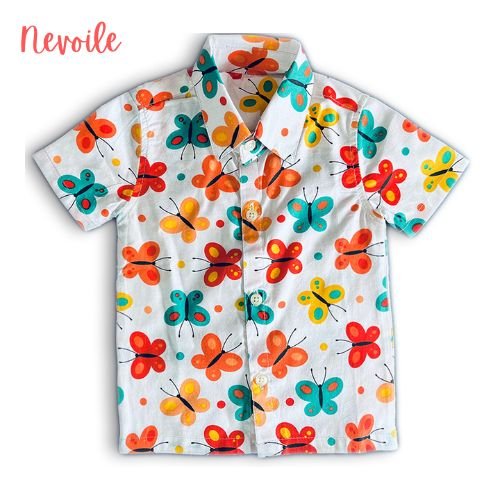 Kids Boys Cotton Shirt – White with Orange & Green Butterflies Design | Code 12105