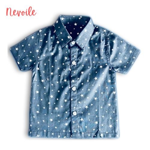 Kids Boys Cotton Shirt – Dark Blue with White Star Design | Code 12107