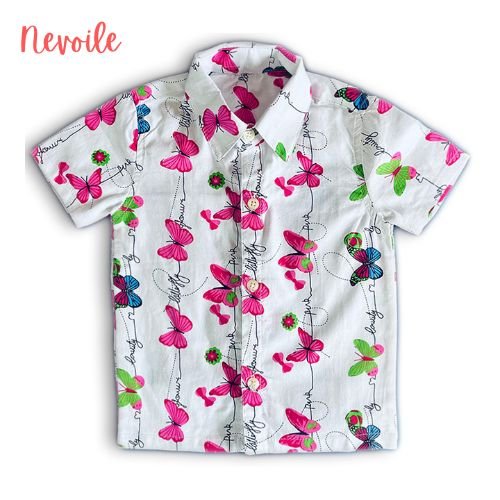 Kids Boys Cotton Shirt – White with Pink & Green Butterfly Design | Code 12109