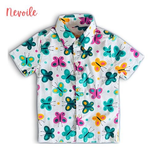 Kids Boys Cotton Shirt – White with Colorful Butterfly Design | Code 12110