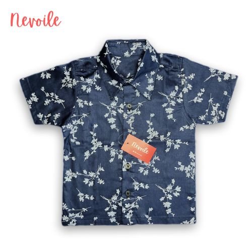 Kids Boys Linen Shirt – Dark Navy Blue with White Pattern Design | Code 13104