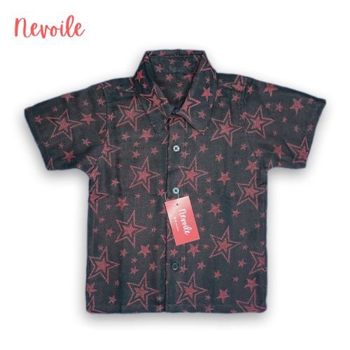 Kids Boys Linen Shirt – Black with Red Star Design | Code 13105