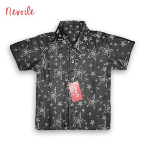 Kids Boys Linen Shirt – Black with White Star Design | Code 13106