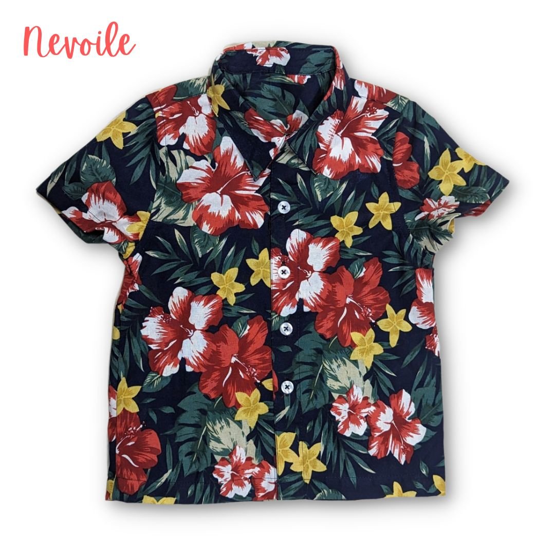 Boys Linen Shirt – Navy Blue with Tropical Floral Design | Code 3101
