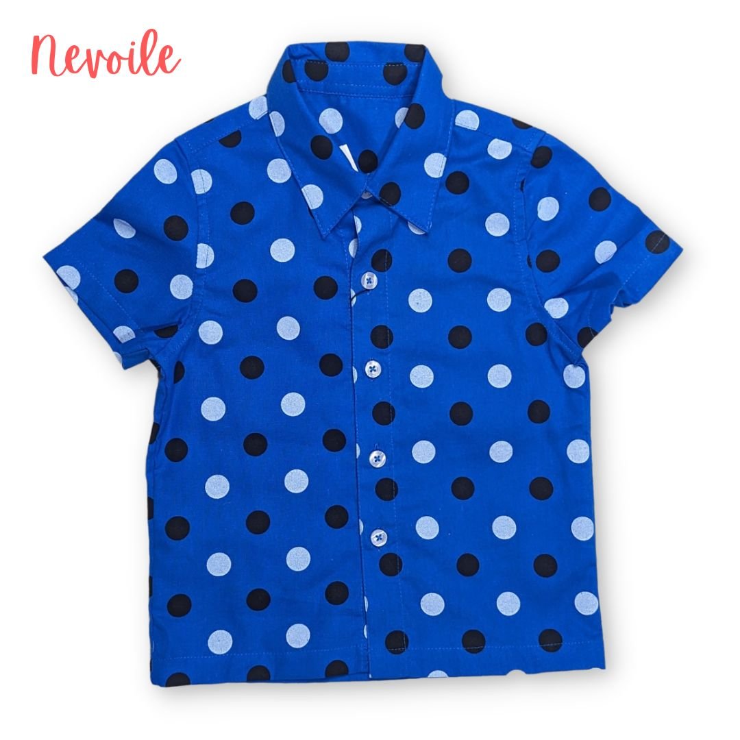 Boys Linen Shirt – Blue with Black & White Dot Design | Code 3105