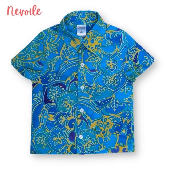 Kids Boys Linen Shirt – Blue with Yellow Pattern Design | Code 4101