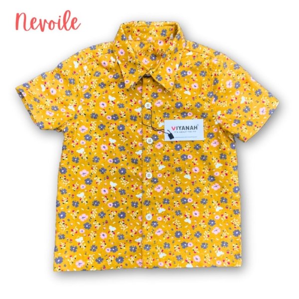 Kids Boys Linen Shirt – Yellow with Mini Floral Design | Code 5104