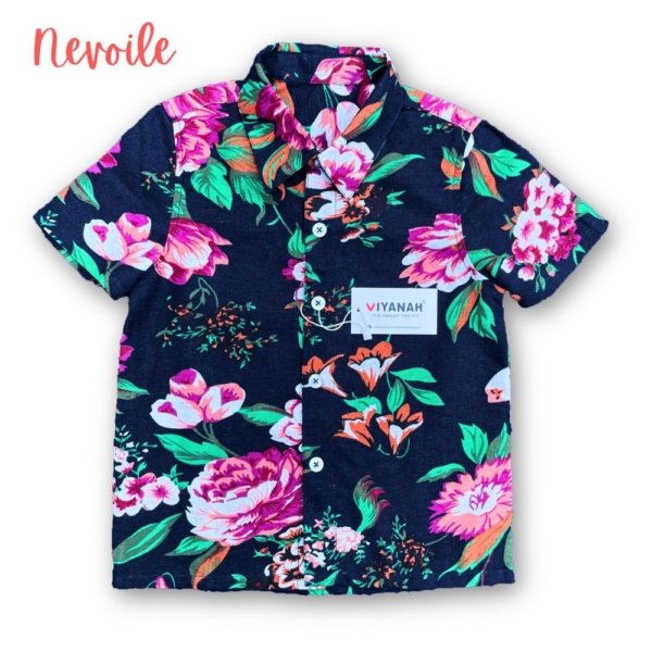 Kids Boys Linen Shirt – Navy Blue with Purple Floral Design | Code 5105